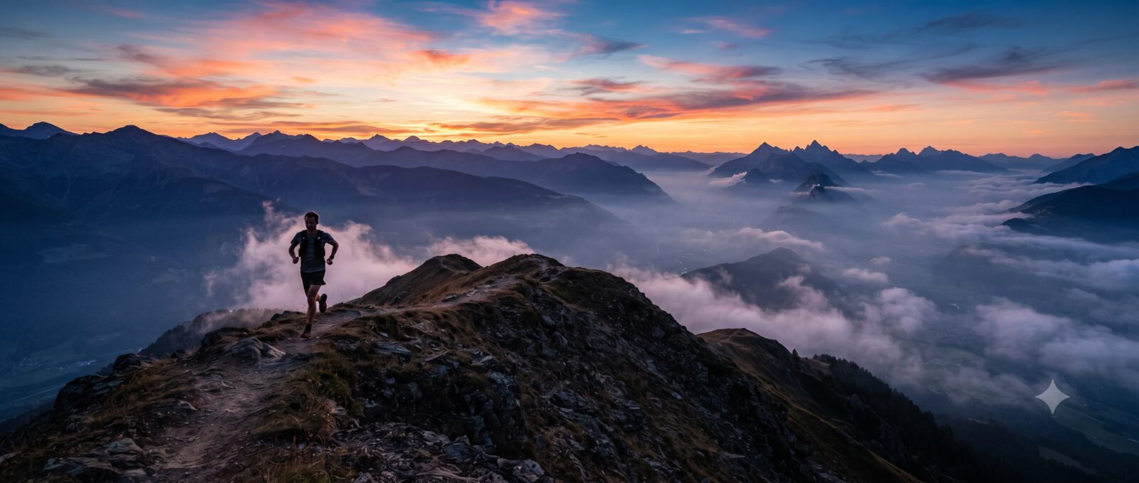 Lone trail runner silhouetted on a mountain ridge at dawn with misty valley below